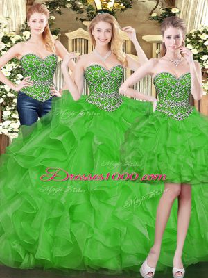 Shining Green Ball Gowns Sweetheart Sleeveless Tulle Floor Length Lace Up Beading and Ruffles Sweet 16 Dress