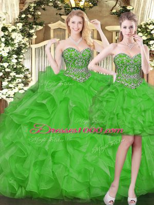 Shining Green Ball Gowns Sweetheart Sleeveless Tulle Floor Length Lace Up Beading and Ruffles Sweet 16 Dress