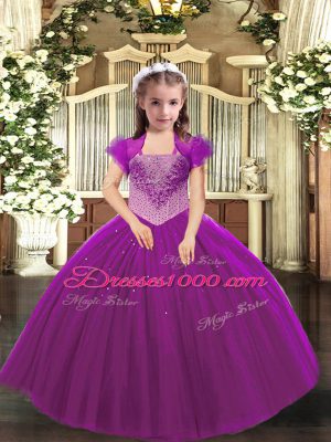 Fuchsia Tulle Lace Up Little Girls Pageant Gowns Sleeveless Floor Length Beading