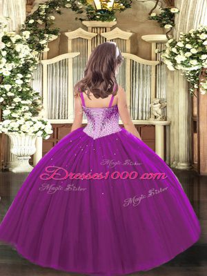 Fuchsia Tulle Lace Up Little Girls Pageant Gowns Sleeveless Floor Length Beading