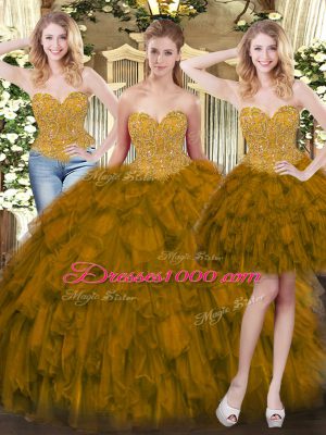 Olive Green Lace Up Sweet 16 Quinceanera Dress Beading and Ruffles Sleeveless Floor Length