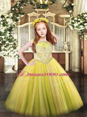 Yellow Ball Gowns Tulle Scoop Sleeveless Beading Floor Length Zipper Pageant Dress Womens