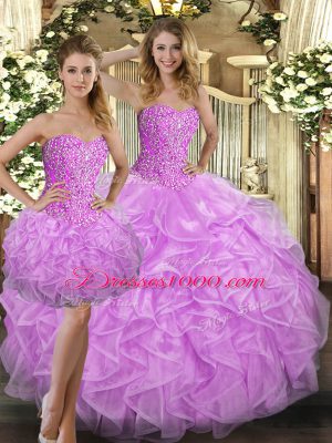 Sweetheart Sleeveless Vestidos de Quinceanera Floor Length Beading and Ruffles Lilac Tulle