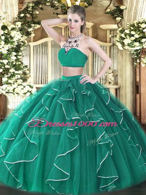 Turquoise Tulle Backless High-neck Sleeveless Floor Length Sweet 16 Dresses Beading and Ruffles