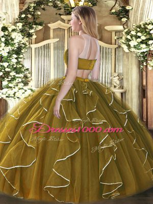 Turquoise Tulle Backless High-neck Sleeveless Floor Length Sweet 16 Dresses Beading and Ruffles