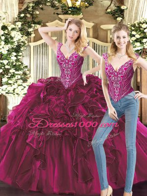 Super Fuchsia Organza Lace Up Ball Gown Prom Dress Sleeveless Floor Length Beading and Ruffles