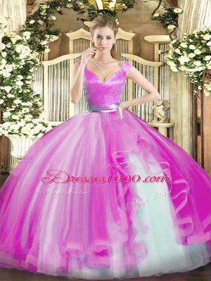 Charming Ball Gowns Sweet 16 Quinceanera Dress Hot Pink V-neck Tulle Sleeveless Floor Length Zipper
