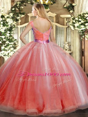 Charming Ball Gowns Sweet 16 Quinceanera Dress Hot Pink V-neck Tulle Sleeveless Floor Length Zipper