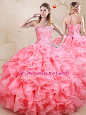 Exceptional Floor Length Lace Up 15th Birthday Dress Watermelon Red for Sweet 16 and Quinceanera with Beading and Ruffles