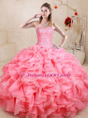 Exceptional Floor Length Lace Up 15th Birthday Dress Watermelon Red for Sweet 16 and Quinceanera with Beading and Ruffles