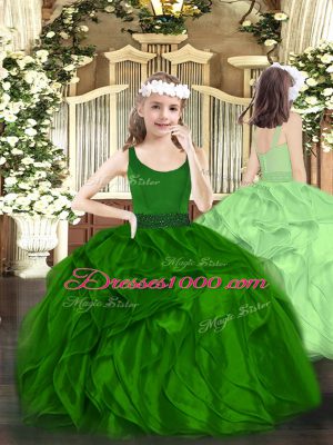 Green Organza Zipper V-neck Sleeveless Floor Length Quince Ball Gowns Beading and Ruffles