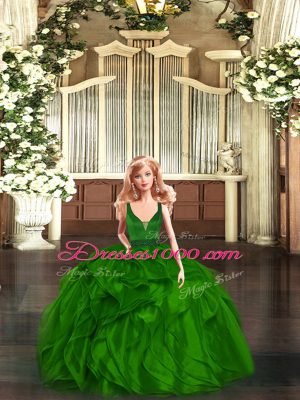 Green Organza Zipper V-neck Sleeveless Floor Length Quince Ball Gowns Beading and Ruffles