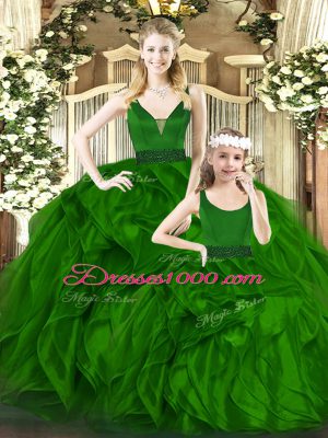 Green Organza Zipper V-neck Sleeveless Floor Length Quince Ball Gowns Beading and Ruffles