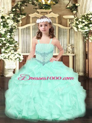 Apple Green Organza Lace Up Pageant Dress for Teens Sleeveless Floor Length Beading and Ruffles