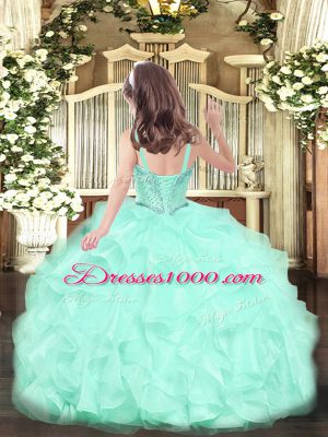 Apple Green Organza Lace Up Pageant Dress for Teens Sleeveless Floor Length Beading and Ruffles