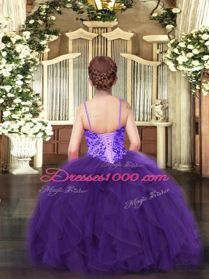 New Arrival Spaghetti Straps Sleeveless Pageant Gowns For Girls Floor Length Appliques and Ruffles Wine Red Tulle