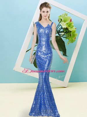 Asymmetric Sleeveless Zipper Evening Dress Blue Sequined