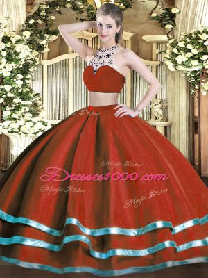 Wine Red Sleeveless Beading Floor Length 15th Birthday Dress