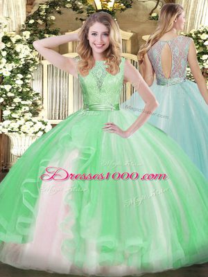Organza Scoop Sleeveless Backless Lace and Ruffles 15 Quinceanera Dress in Apple Green