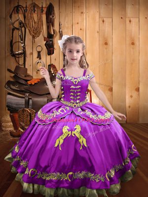 Satin Sleeveless Floor Length Child Pageant Dress and Beading and Embroidery