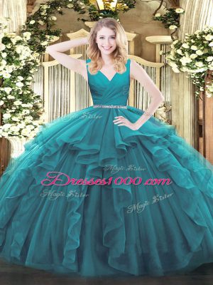 Floor Length Teal Quinceanera Gowns Tulle Sleeveless Beading and Ruffles