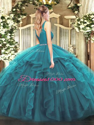 Floor Length Teal Quinceanera Gowns Tulle Sleeveless Beading and Ruffles