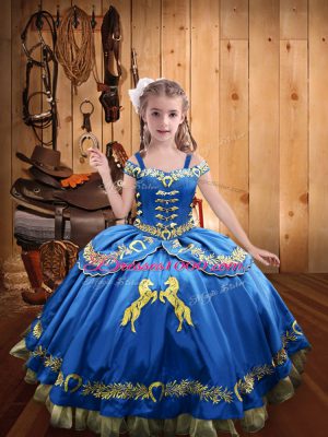 New Arrival Blue Ball Gowns Straps Sleeveless Satin Floor Length Lace Up Beading and Embroidery Party Dress