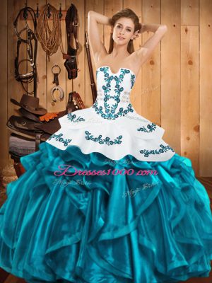 Gorgeous Strapless Sleeveless Satin and Organza Quinceanera Dresses Embroidery and Ruffles Lace Up