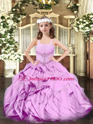 Ball Gowns Pageant Dress for Girls Lilac Straps Organza Sleeveless Floor Length Lace Up