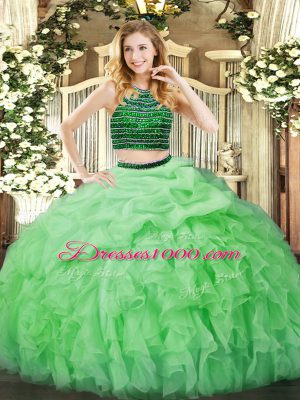 Apple Green Sleeveless Floor Length Beading and Ruffles Zipper 15th Birthday Dress