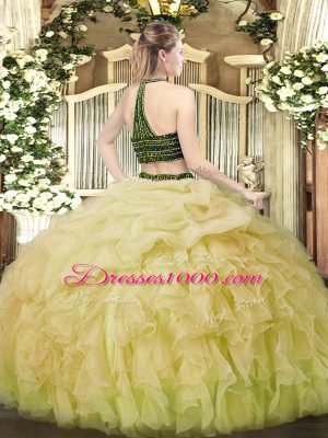 Apple Green Sleeveless Floor Length Beading and Ruffles Zipper 15th Birthday Dress