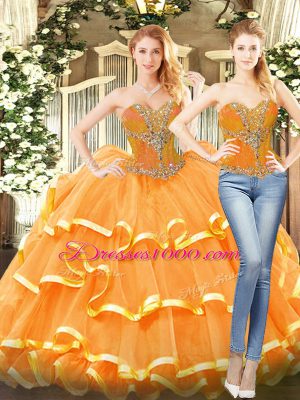 Beautiful Organza Sweetheart Sleeveless Lace Up Beading and Ruffled Layers 15 Quinceanera Dress in Orange Red