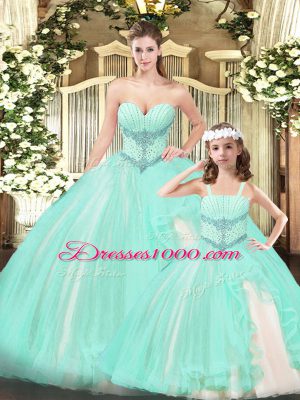 Sweet Aqua Blue Sleeveless Lace Lace Up Quinceanera Dress for Military Ball and Sweet 16 and Quinceanera