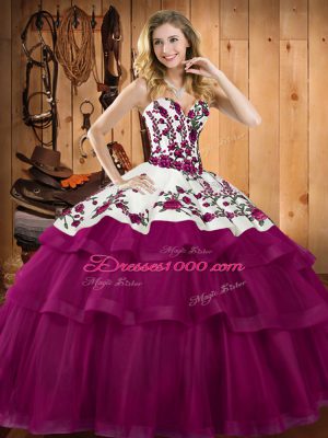 Embroidery 15 Quinceanera Dress Fuchsia Lace Up Sleeveless Floor Length