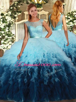 Multi-color Backless Scoop Beading and Ruffles Quinceanera Gown Tulle Sleeveless