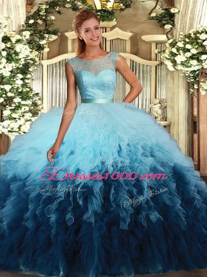 Multi-color Backless Scoop Beading and Ruffles Quinceanera Gown Tulle Sleeveless