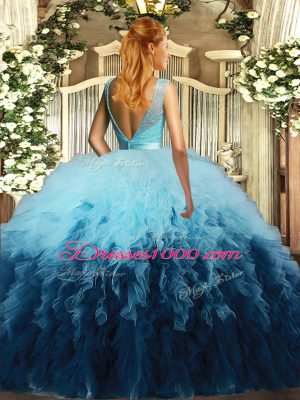 Multi-color Backless Scoop Beading and Ruffles Quinceanera Gown Tulle Sleeveless