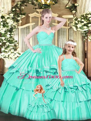 Turquoise Ball Gowns Sweetheart Sleeveless Organza Floor Length Zipper Ruffles Sweet 16 Dresses