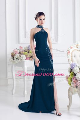 Wonderful Column/Sheath Sleeveless Navy Blue Prom Evening Gown Sweep Train Lace Up
