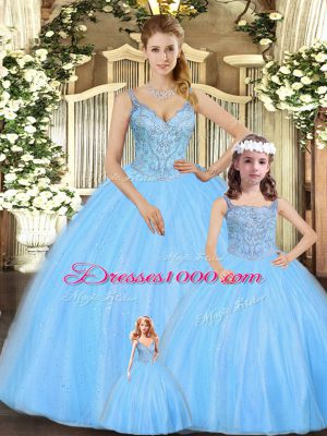 Dazzling Turquoise Straps Neckline Beading Quinceanera Dresses Sleeveless Lace Up