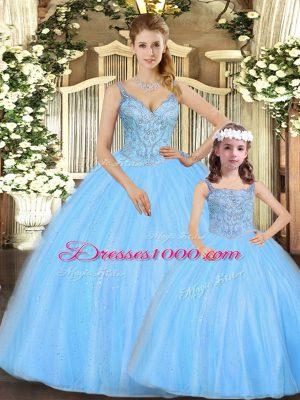 Dazzling Turquoise Straps Neckline Beading Quinceanera Dresses Sleeveless Lace Up