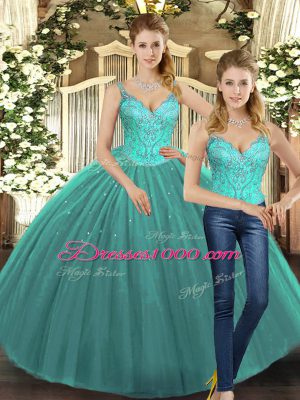 Deluxe Turquoise Lace Up 15th Birthday Dress Beading Sleeveless Floor Length
