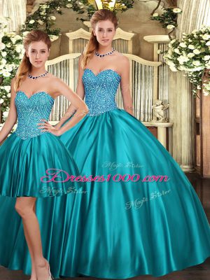 Extravagant Teal Sleeveless Floor Length Beading Lace Up Sweet 16 Dresses