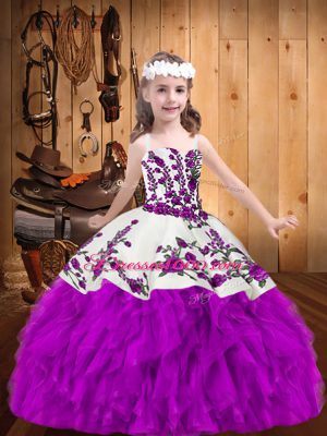 Purple Sleeveless Floor Length Beading and Embroidery Lace Up Little Girls Pageant Gowns