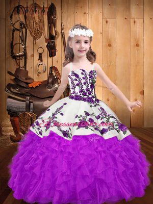 Elegant Purple Lace Up Straps Beading and Embroidery and Ruffles Little Girls Pageant Gowns Organza Sleeveless