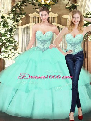 Customized Apple Green Lace Up Quinceanera Gown Beading and Ruffled Layers Sleeveless Floor Length