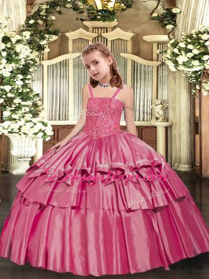 Latest Rose Pink Sleeveless Floor Length Beading and Ruffled Layers Lace Up Pageant Dress for Teens