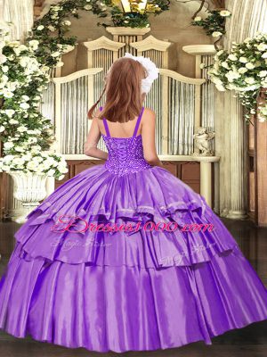 Latest Rose Pink Sleeveless Floor Length Beading and Ruffled Layers Lace Up Pageant Dress for Teens