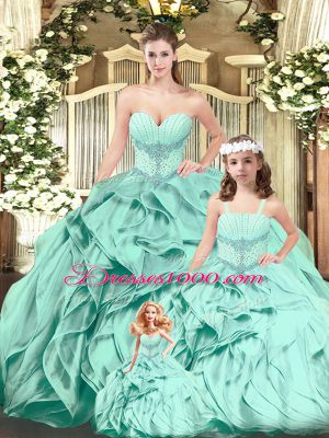 Aqua Blue Lace Up 15th Birthday Dress Beading and Ruffles Sleeveless Floor Length
