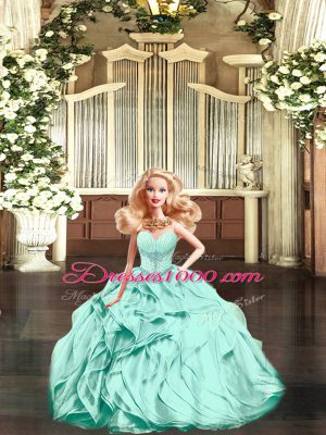 Aqua Blue Lace Up 15th Birthday Dress Beading and Ruffles Sleeveless Floor Length